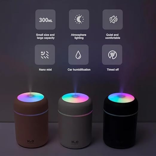 300ml Essential Oil Diffuser & Humidifier – Ultrasonic Cool Mist with Quiet Operation, LED Lights – Aromatherapy Air Freshener for Home, Office, Car H2O