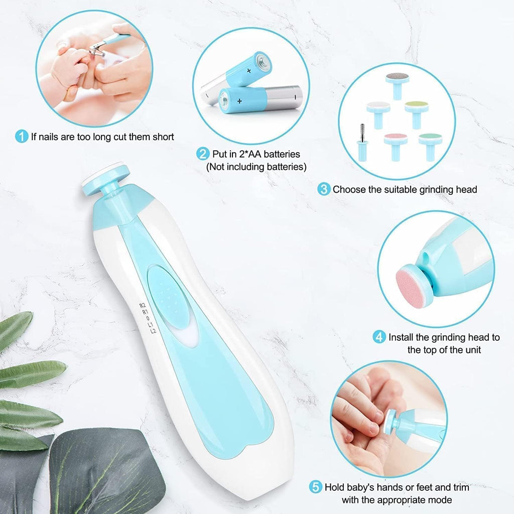 Baby Nail Trimmer New Born with Lights | Electric Baby Nail Cutter 0-6 Months with Multiple Filer Heads Adjustment | New Born Baby Products, Pack of 1.